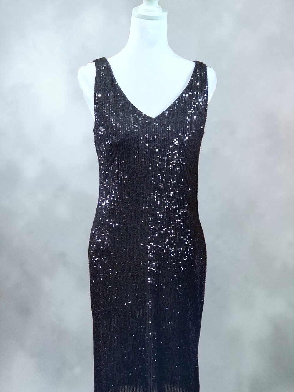 CeCe Black Sequin V-Neck Midi Dress